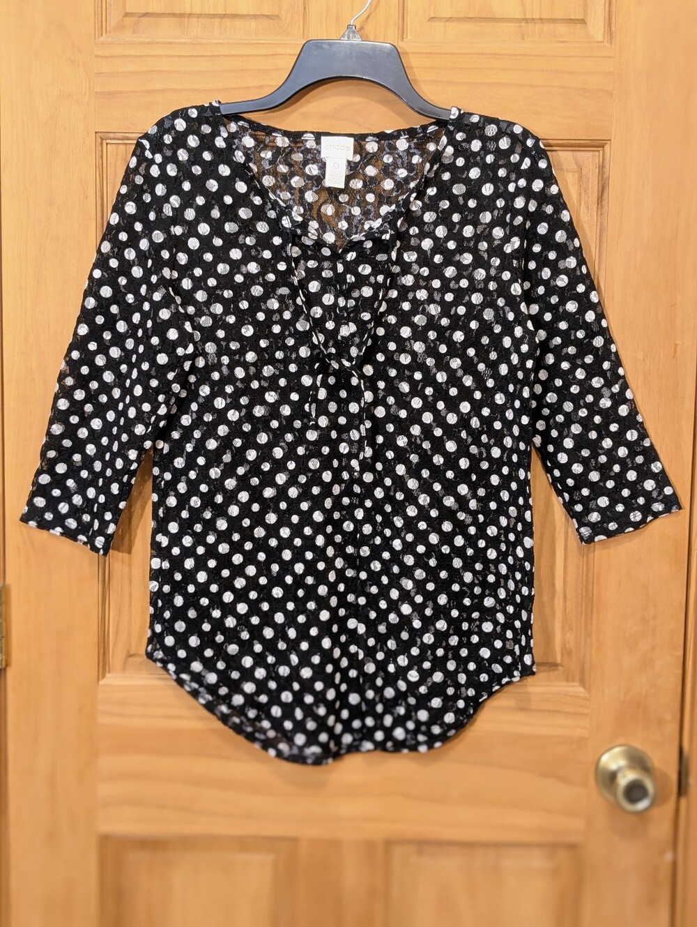 Chico's Tunic Top Nylon Mesh Polka Dot 3/4 Sleeve Semi Sheer Black White Sz 0/Sm
